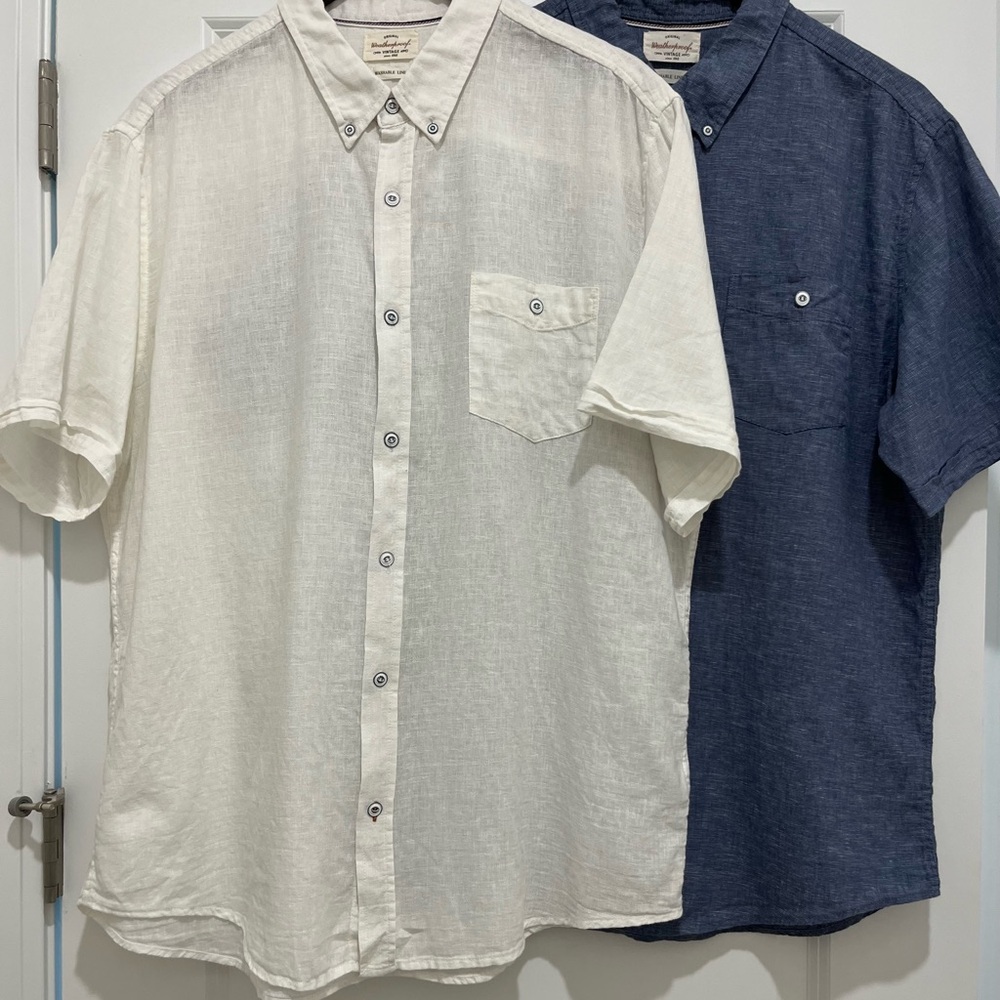 Bundle Weatherproof Vintage XL Linen Men's Button Down Shirts in White & Blue